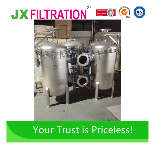 The duplex bag filter housing comprises two stainless steel bag filters connected by two three-way ball valves in parallel. It could achieve the purpose of multi-stage filtration and work in a switchable way to meet 24-hour continuous filtration needs.